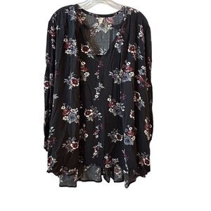 Free People Women's S Black Floral Swing Tunic Dress Long Sleeve Casual- FLAWED